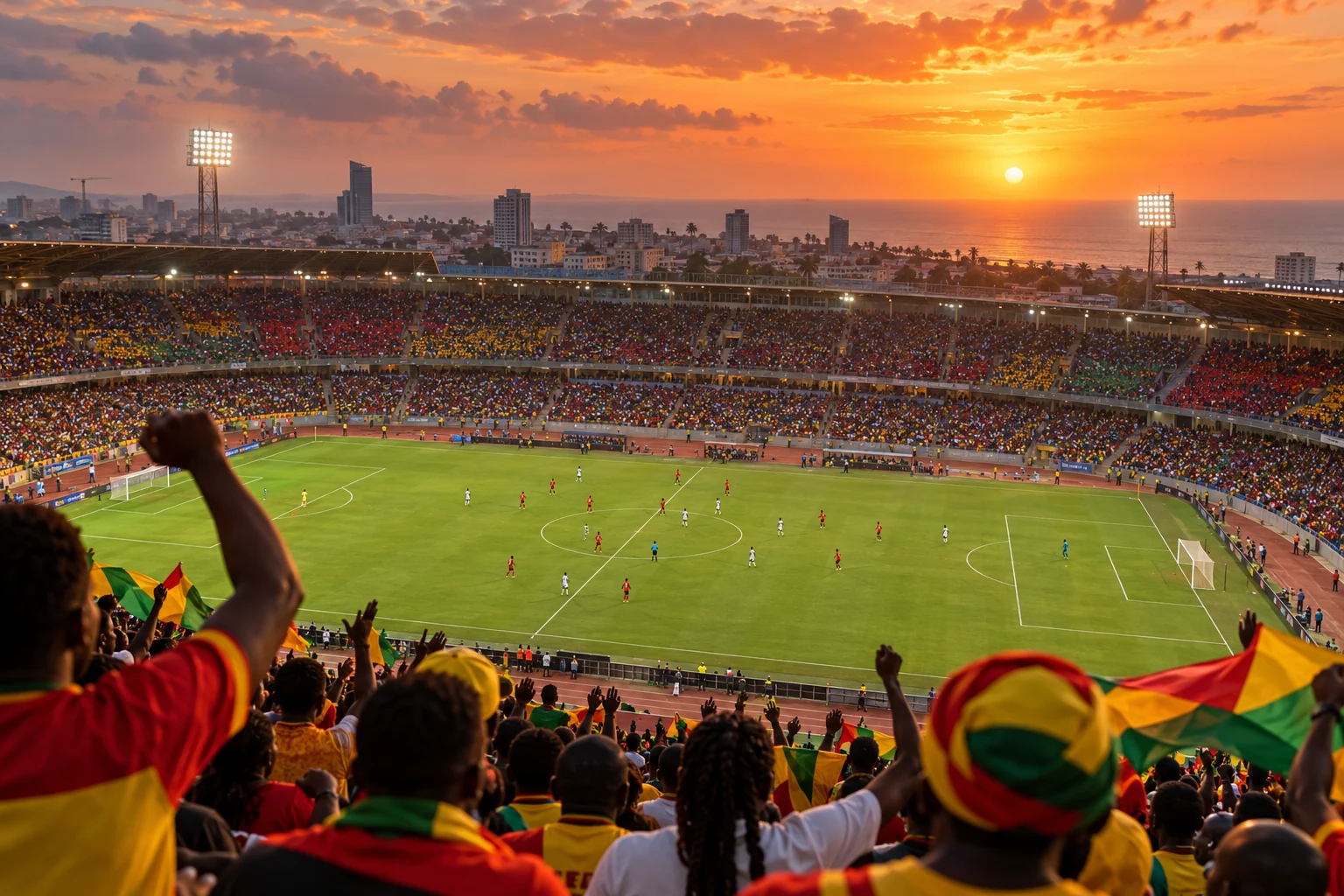 Editorial illustration of a football match in a Ghanaian stadium